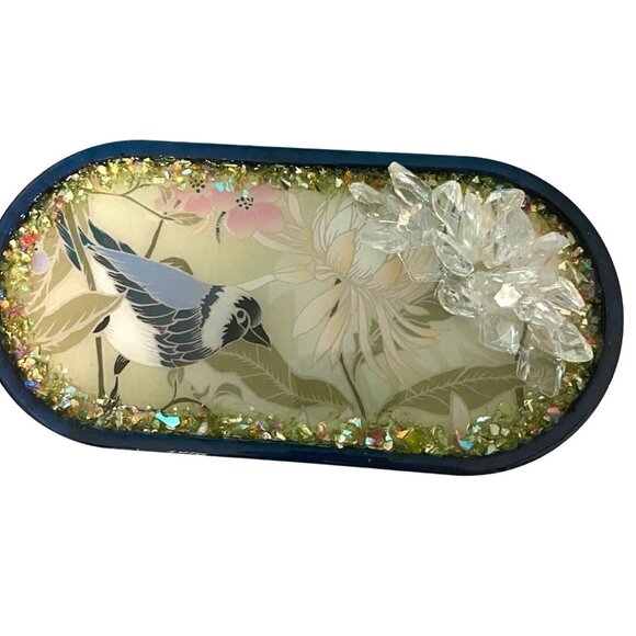Handcrafted Bird with Flowers Resin Oval Tray with Crystals Rich Cobalt Back - Picture 2 of 8
